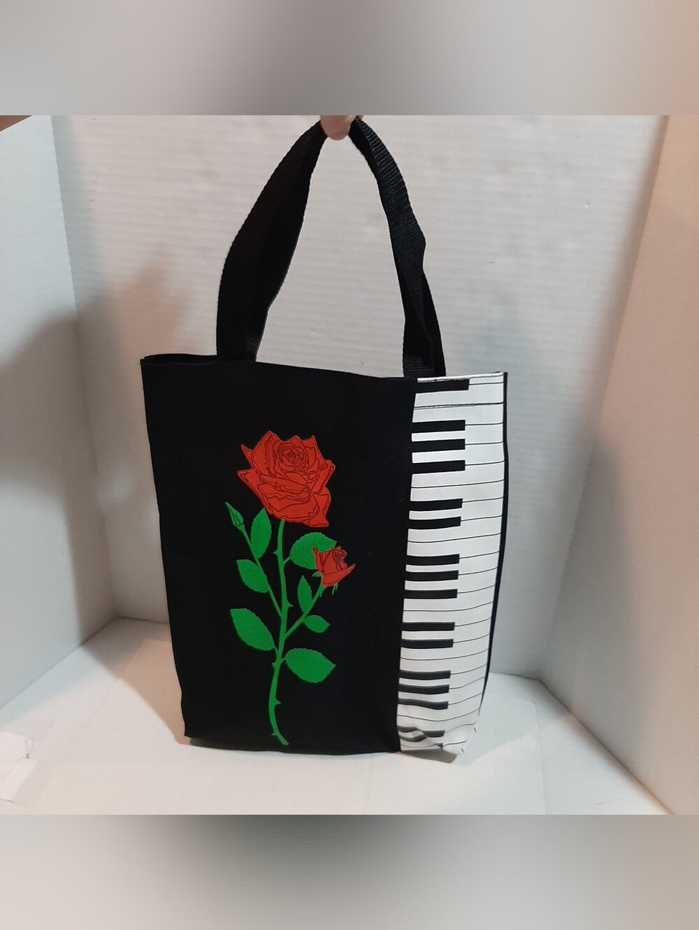 Black canvas Keyboard with Rose Tote Bag red rose graphic piano keyboard